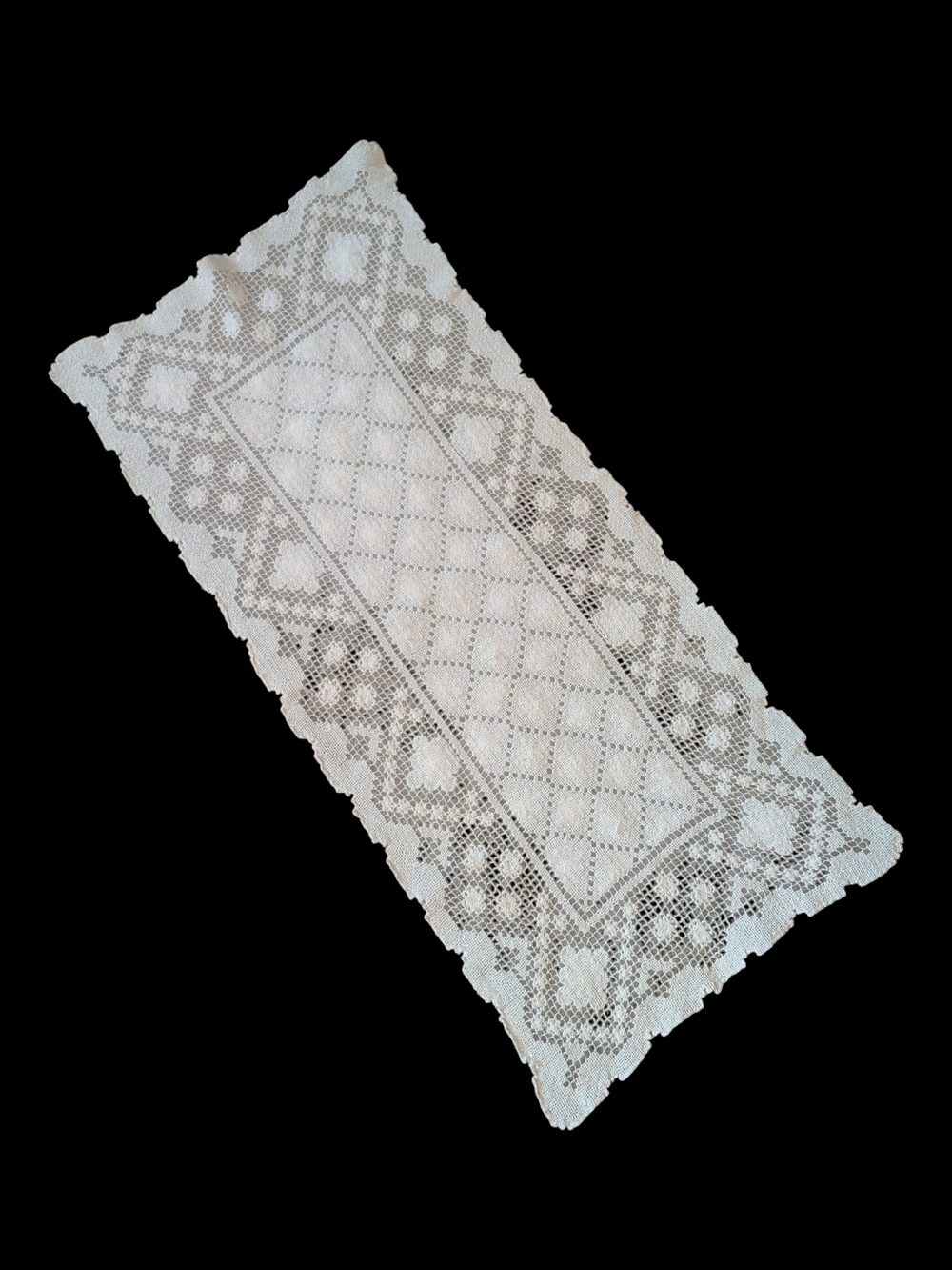 VTG Handmade Off White Crocheted Floral Lace Table Topper Runner 29.5"x 13"